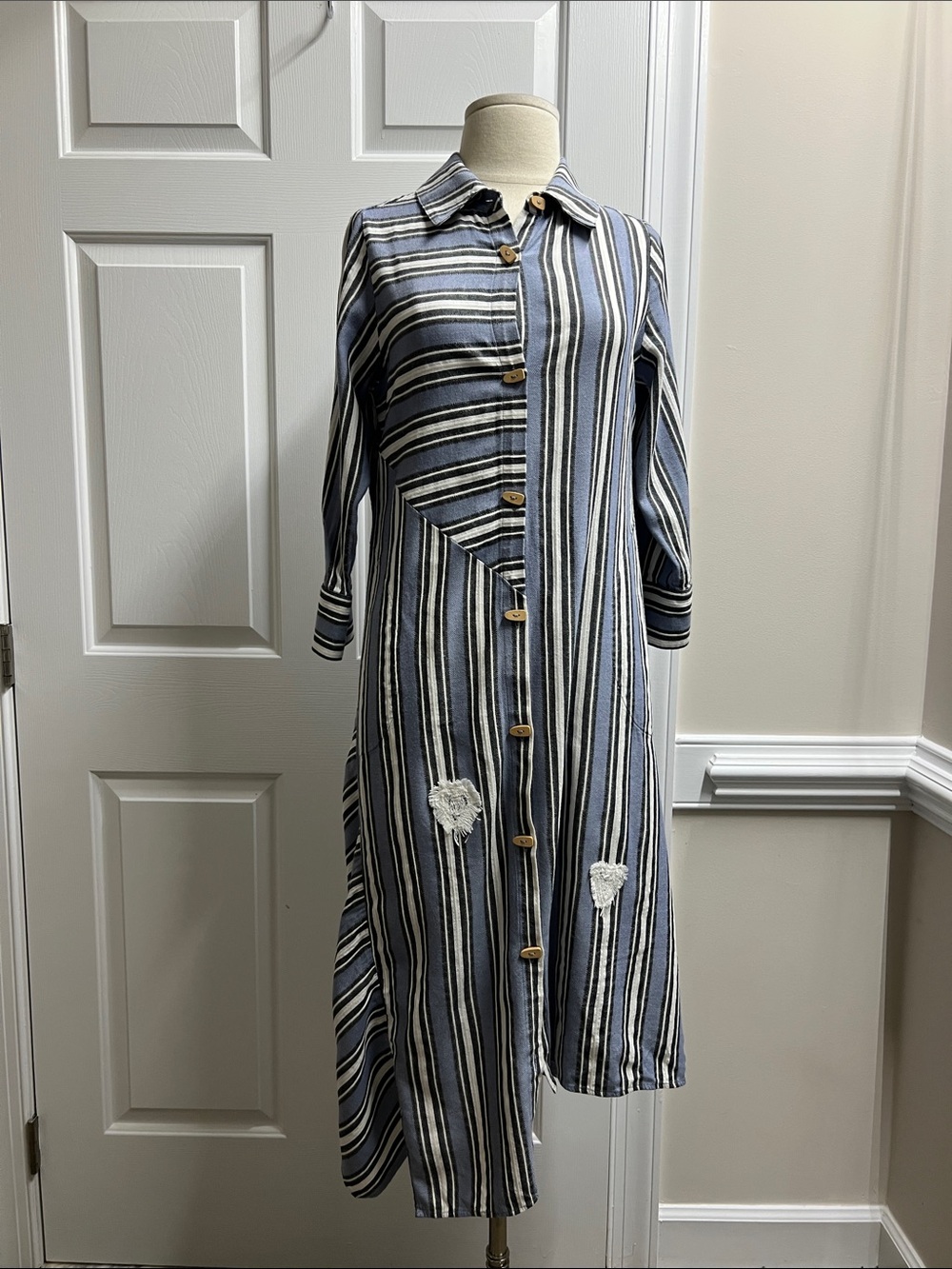 Soft Surroundings Blue White Striped Shirt Dress size XS high low dress